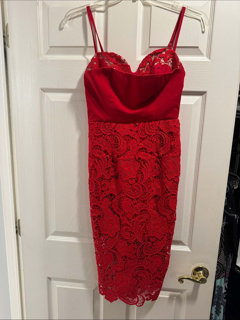 Elegant Red Lace Midi Dress with Spaghetti Straps